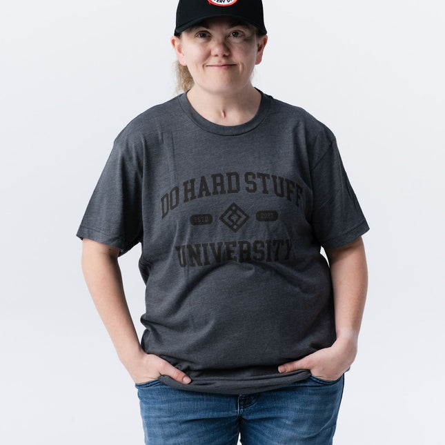  Close-up of Do Hard Stuff University graphic print on the Alma Mater t-shirt