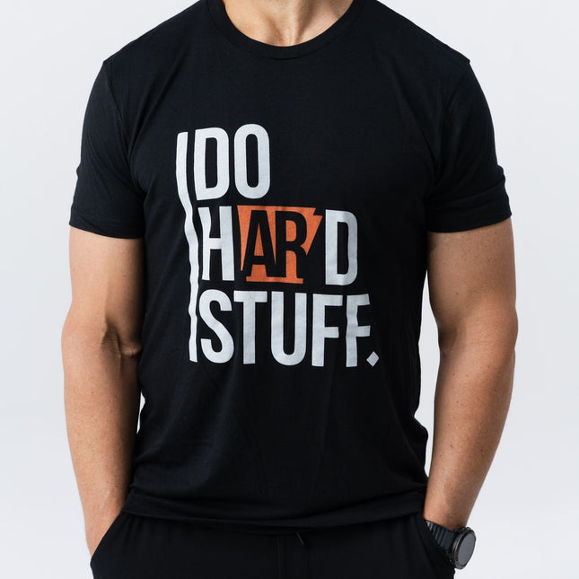 Front closeup of Do Hard Stuff Natural State Tee featuring Arkansas-themed logo