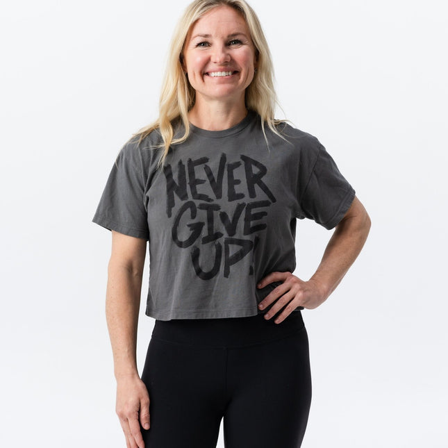 Charcoal gray Do Hard Stuff Never Give Up crop t-shirt with bold black lettering