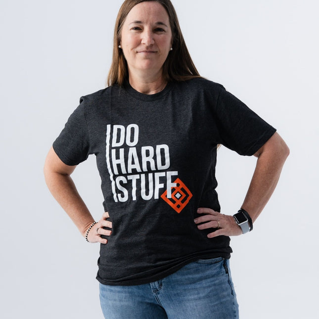 Full body image of woman wearing Do Hard Stuff Mantra Tee